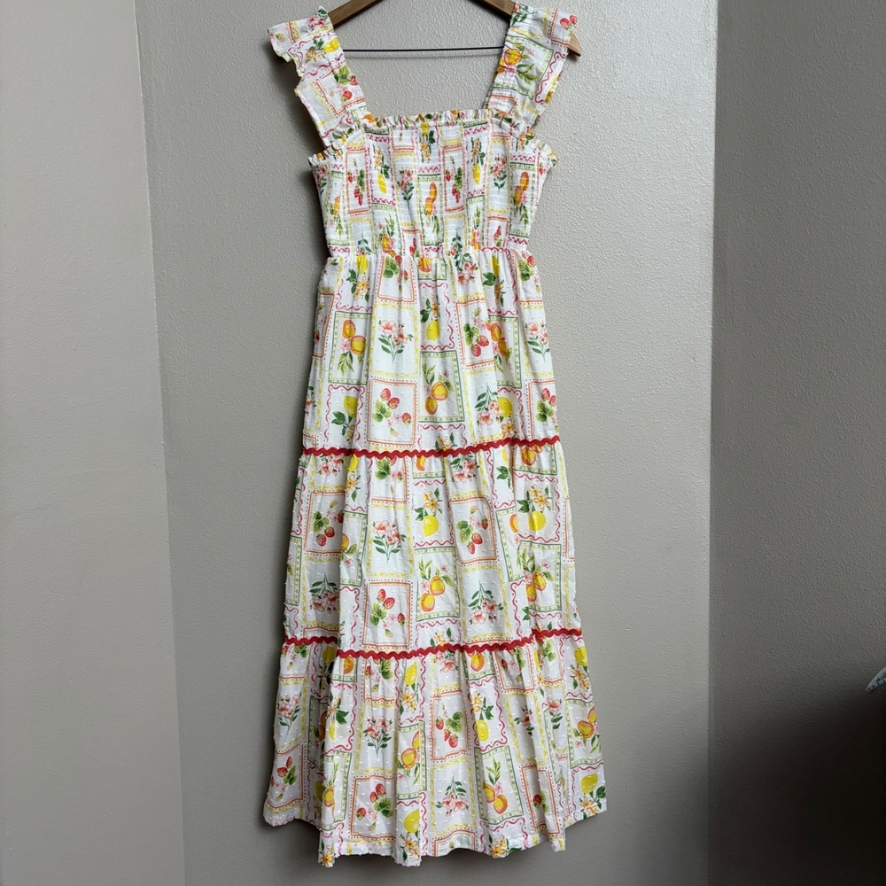 Rachel Zoe Fruit Print Tiered Midi Dress Size 4 Cottagecore Summer Sun Dress